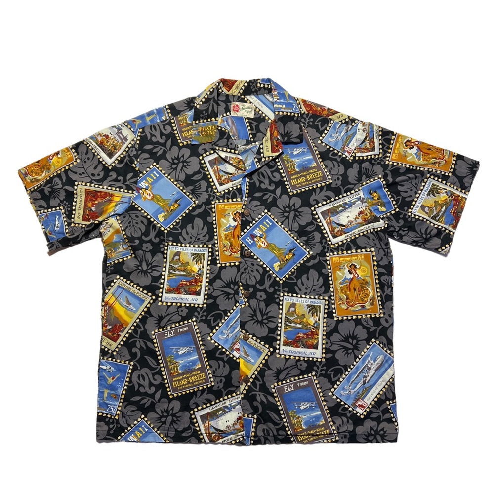Hilo Hattie Hawaiian Clipper Airplane Flying Travel Shirt Men’s Large L Postcard